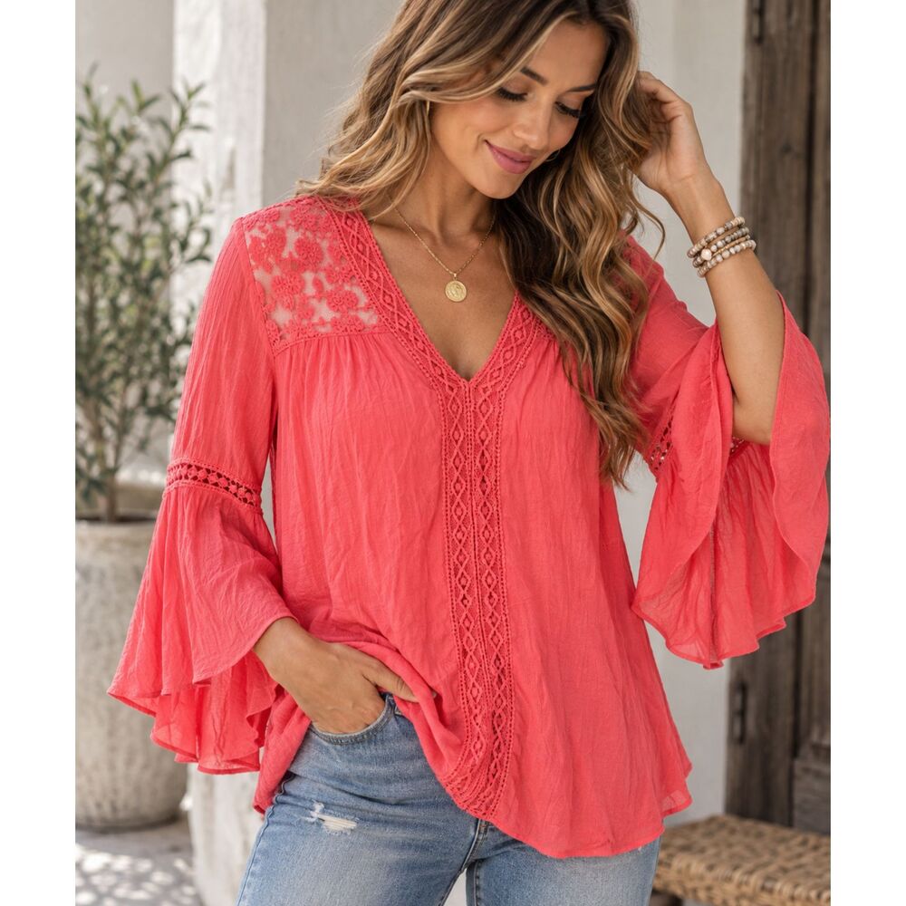 John Paul Richard Coral Lace Yoke Bell Sleeve Boho Blouse XL
